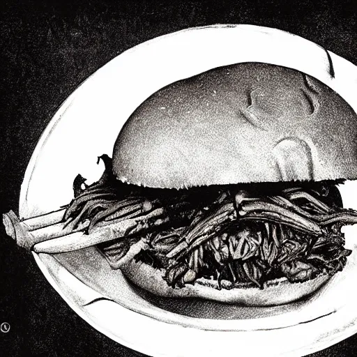 Image similar to pulled pork sandwich, artwork of h.r. giger