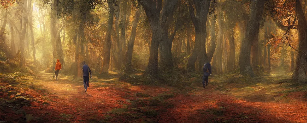 Prompt: a man in orange clothes walking through a forest, a detailed matte painting by senior matte painter, cgsociety contest winner, fantasy art, matte painting, volumetric lighting, rendered in unreal engine