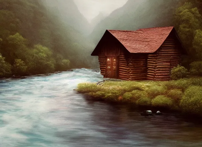 Prompt: matte sharp painting, close - up of a river running past a cozy cabin in the mountains, heavy rain, juxtapoz, artforum, gary baseman, preston blair, tex avery, dan mumford, pedro correa