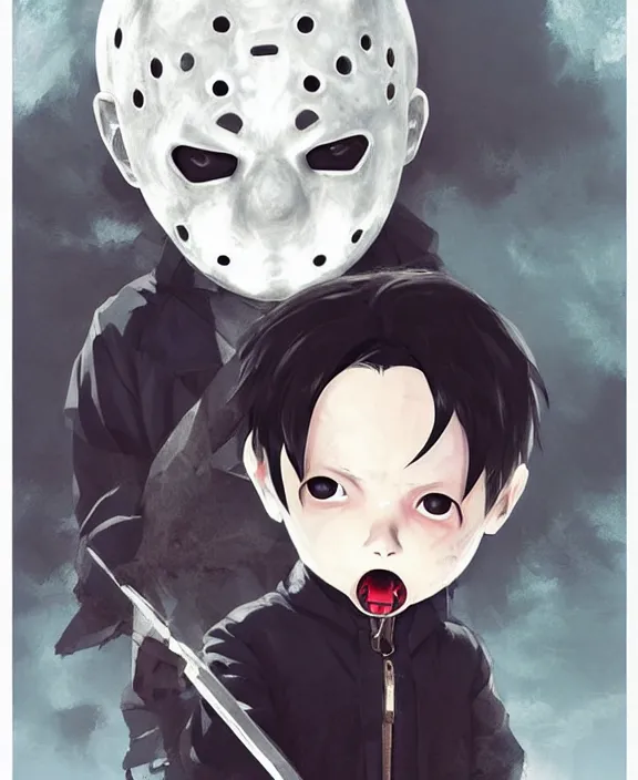 Image similar to cute little boy with black hair anime character inspired by jason voorhees, art by rossdraws, wlop, ilya kuvshinov, artgem lau, sakimichan, jakub rebelka and makoto shinkai, anatomically correct, extremely coherent, highly detailed, sharp focus, slasher movies, smooth, very realistic, symmetrical