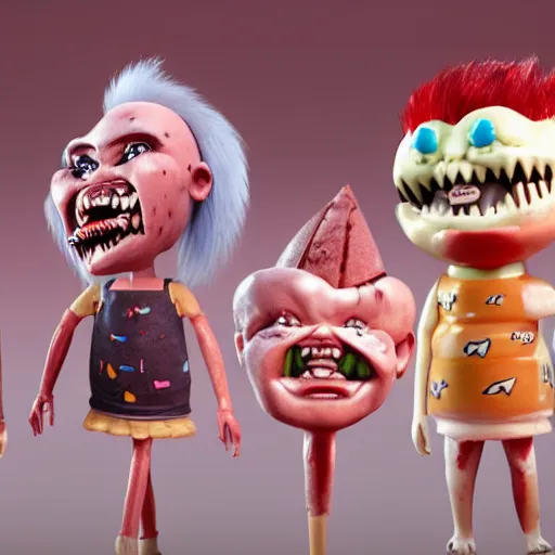 Image similar to a large variety of ice cream popsicles shaped like screaming chucky dolls, octane render