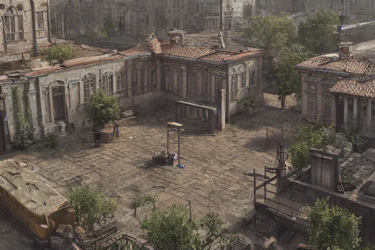 Prompt: a regular russian courtyard with mud and an old playground between two soviet five-storey panel houses, high details, cinematic, 8k resolution, beautiful detailed, insanely intricate details, artstation trending, octane render, unreal engine