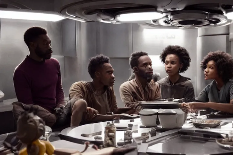 Image similar to movie closeup diverse interracial small team of American sci-fi futuristic space explorers talking at the table in a spaceship kitchen, beautiful skin, Symmetrical faces. Beautiful lighting by Emmanuel Lubezki