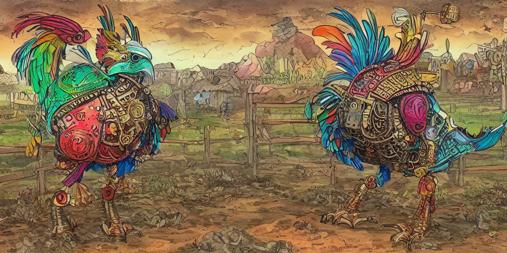 Prompt: colorful illustration of a fully armoured mechanical rooster in a farm landscape, steampunk, mix of styles, detailed, hand painted