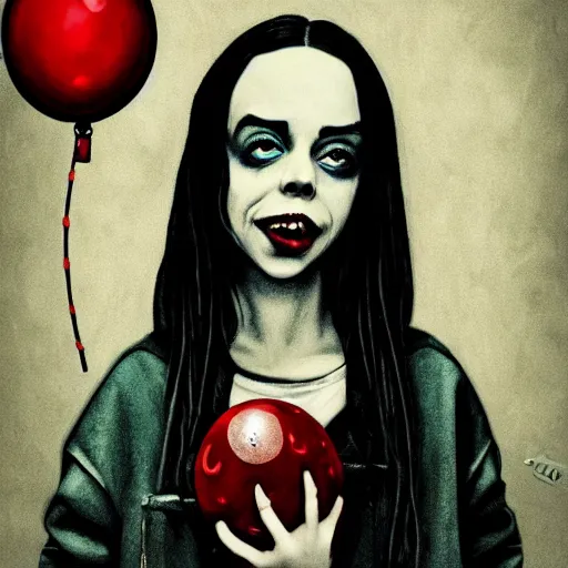 Image similar to grunge painting of a billie eilish with a wide smile and a red balloon by tim burton, loony toons style, pennywise style, corpse bride style, rick and morty style, creepy lighting, horror theme, detailed, elegant, intricate, conceptual