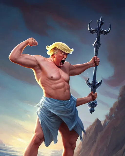 Image similar to character concept art of donald trump as poseidon in a dynamic pose | cute - fine face, pretty face, realistic shaded perfect face, fine details by stanley artgerm lau, wlop, rossdraws, james jean, andrei riabovitchev, marc simonetti, and sakimichan, tranding on artstation