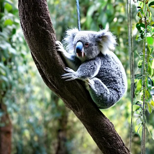 Prompt: koala walking on a rope, high