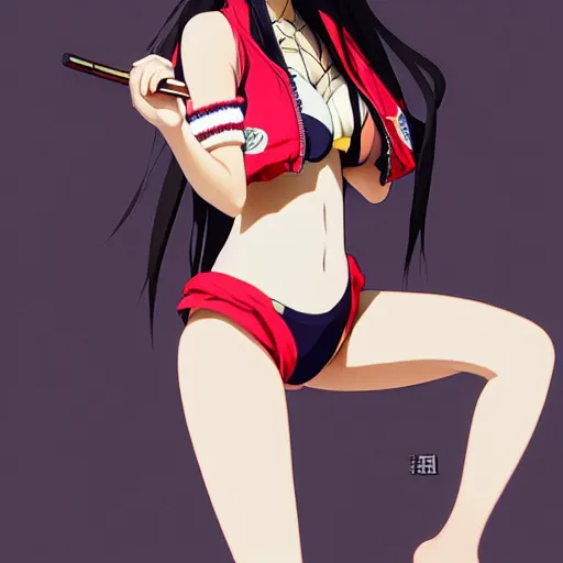 Image similar to a beautiful japanese lalisa alluring gravure model, wearing oversized designer bomber jacket and one piece bikini, bulky poofy bomber jacket with mesoamerican patterns, mesoamerican native street fashion, gapmoe yandere grimdark, trending on pixiv fanbox, painted by greg rutkowski makoto shinkai takashi takeuchi studio ghibli, akihiko yoshida
