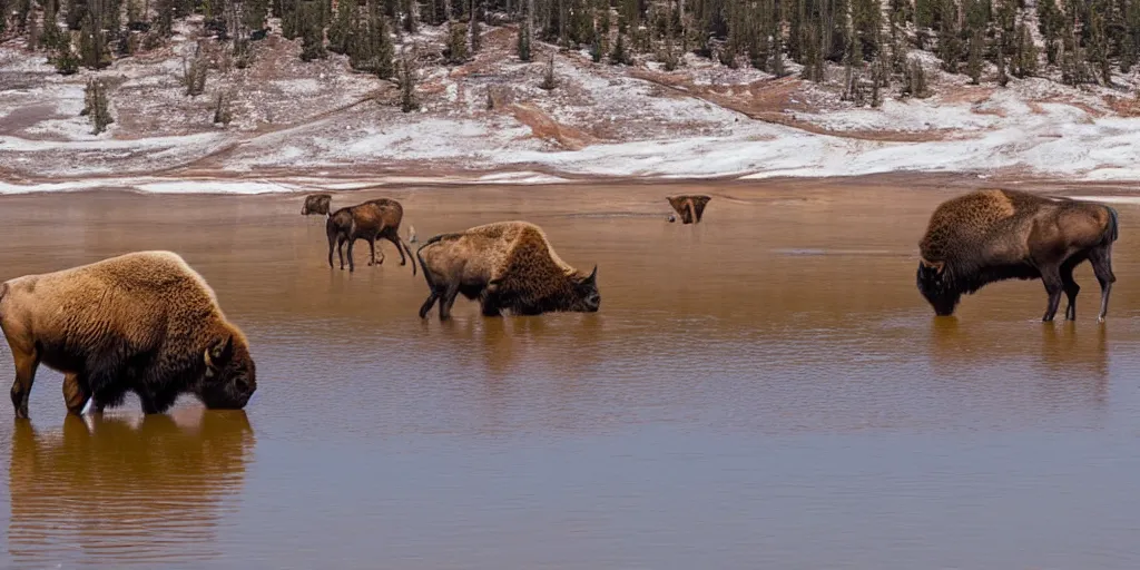 Image similar to bison and wolves swimming in grand prismatic spring