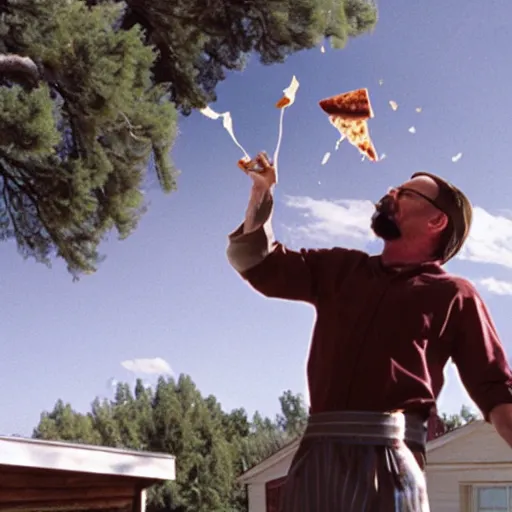 Prompt: walter white throwing a pizza onto the roof of a house, film still, wide shot, beautiful, ethereal, mythical