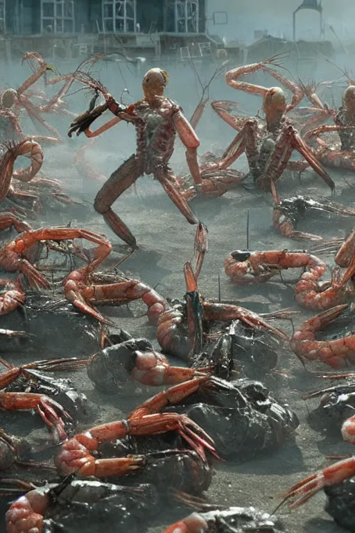 Prompt: prawns having a party in District 9, movie still, Neill Blomkamp, 4k, high quality,-n 6