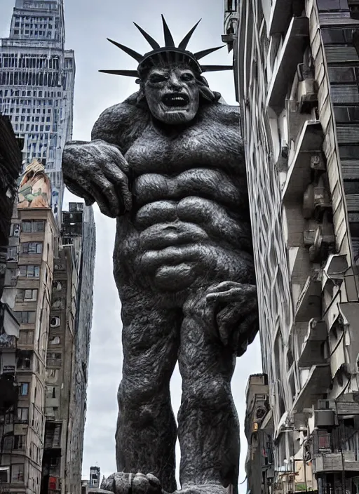 Image similar to giant monster walking between buildings, and it has the angry face of the statue of liberty