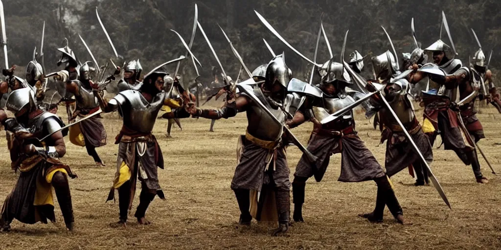 Prompt: sri lankan warriors with swords, film still, epic shot cinematography, rule of thirds, fantasy movie style