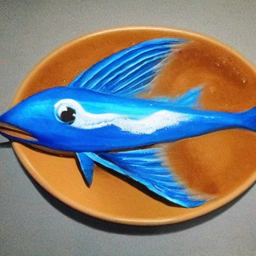 Image similar to a flying fish in the style of latte art