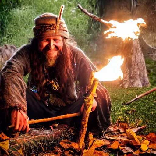 Image similar to hippie tribal hobo witch doctor wearing twigs and leaves smiling sheepishly, campfire, bong, water pipe, highly detailed, dramatic lighting, night time, cinematic, hyperrealistic, detailed, movie still from game of thrones