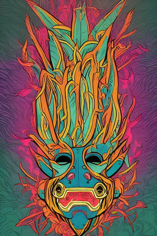 Image similar to animal mask totem roots flower tribal feather gemstone plant wood rock shaman vodoo video game vector cutout illustration vivid multicolor borderlands comics by josan gonzales and dan mumford radiating a glowing aura