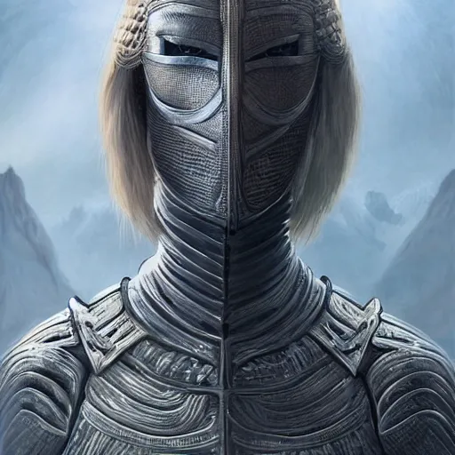 Image similar to female knight in the wild nature, dressed, blonde hair, symmetry, sci - fi, dark fantasy light, perfect composition, 4 k, ultra hd, sense of awe, highly detailed, realistic, intricate, created by wayne barlowe