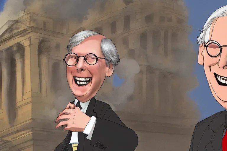 Prompt: senator mitch McConnell laughing maniacally in front of a burning capitol building, digital illustration by pixar and studio ghibli