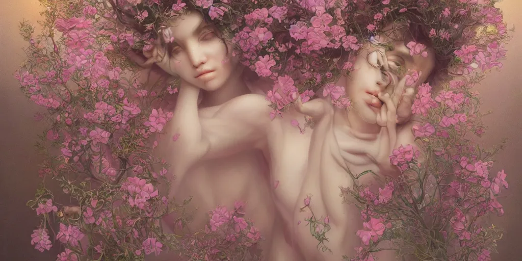 Prompt: breathtaking detailed weird concept art painting of the goddess of light pink flowers, orthodox saint, with anxious, piercing eyes, ornate background, amalgamation of leaves and flowers, by Hsiao-Ron Cheng, James jean, extremely moody lighting, 8K