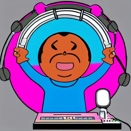 Image similar to svg sticker of a Dancing-Cleveland Brown, at a rave, spinning records, giant headphones rocking out, wearing headphones, huge speakers, dancing, rave, DJ, spinning records, digital art, amazing composition, rule-of-thirds, award-winning, trending on artstation, featured on deviantart