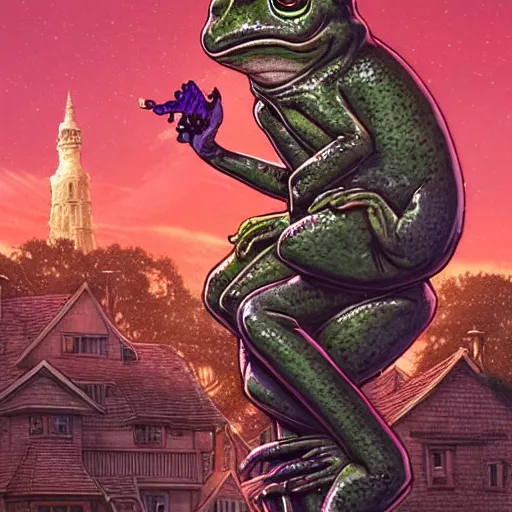 Image similar to A portrait of a scary godlike anthropomorphic frog smoking a cigarette , mansion made of mushrooms in background . award winning. superb resolution. in the art style of junji Ito and greg rutkowski . Detailed Mushroom city in background. Hyper realistic anime. Perfect art. Dalle2