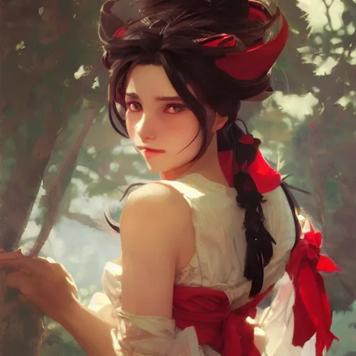 Image similar to a portrait painting of reimu hakurei, by greg rutkowski, artgerm, wlop, ruan jia, krenz cushart, alphonse mucha, marble, gold, unreal engine 5