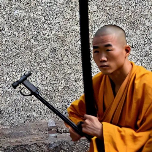 Image similar to a shaolin monk looking down the scope of a sniper rifle directly at the camera