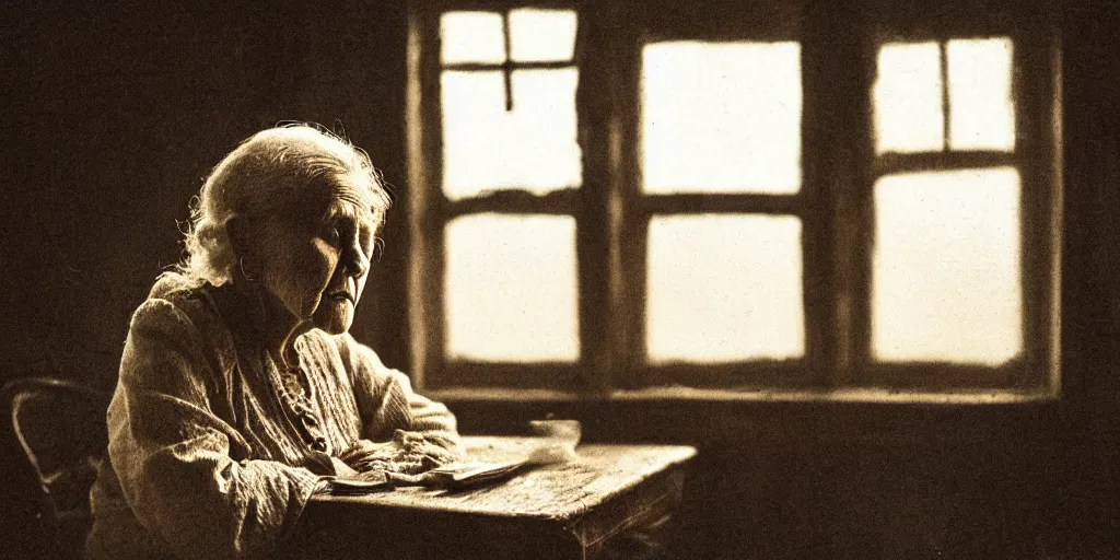 Image similar to portrait bust of old woman sitting at table, hands in pockets, looking outside, tired expression, faded color film, russian cinema, tarkovsky, technicolor, inside old cabin, next to window, heavy forest outside, long brown hair, old clothing, heavy fog, brown color palette, sunset, low light, hudson river school, 4 k, dramatic lighting