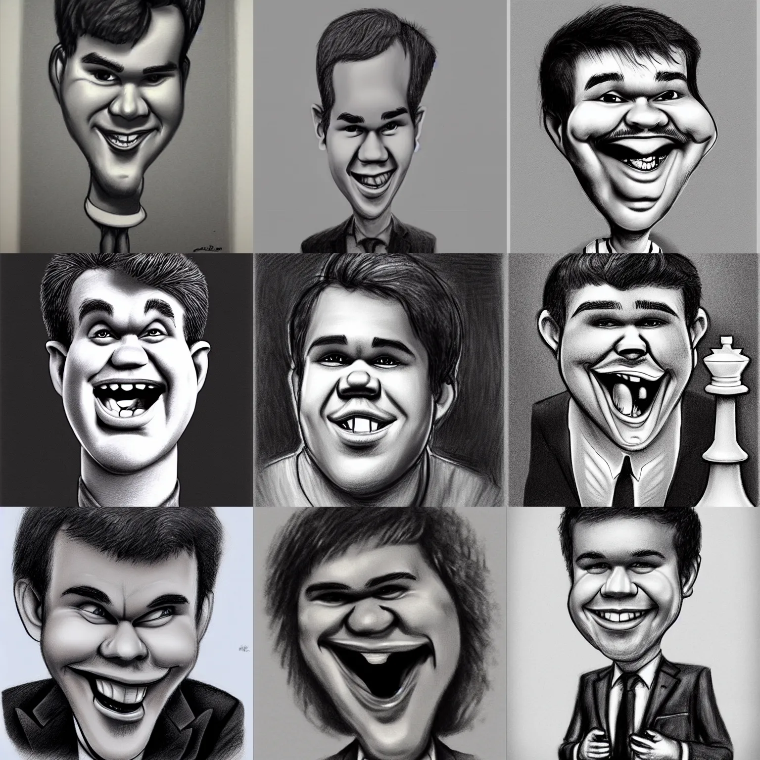 Prompt: Chess grandmaster Magnus Carlsen, masterpiece silly funny caricature, charcoal