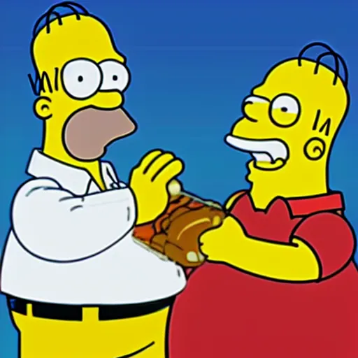 Image similar to homer simpson holding peter griffin at gunpoint