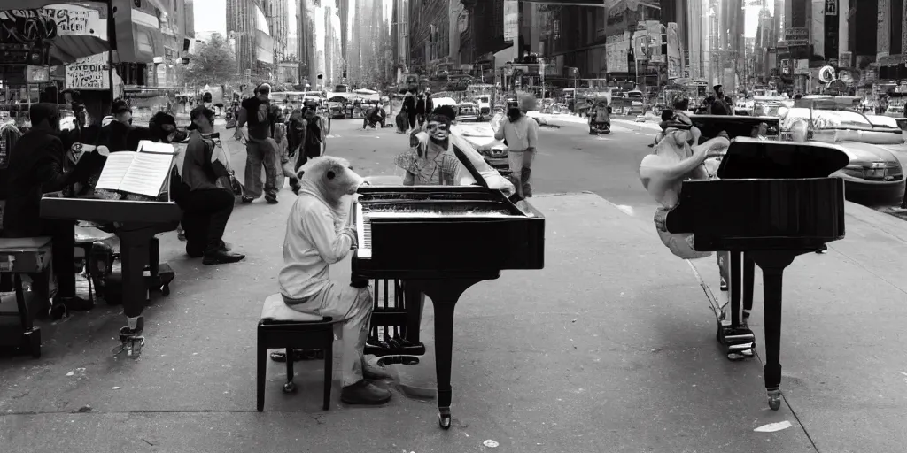 Image similar to a super high-resolution photo of a monkey playing the piano in the busy New York street