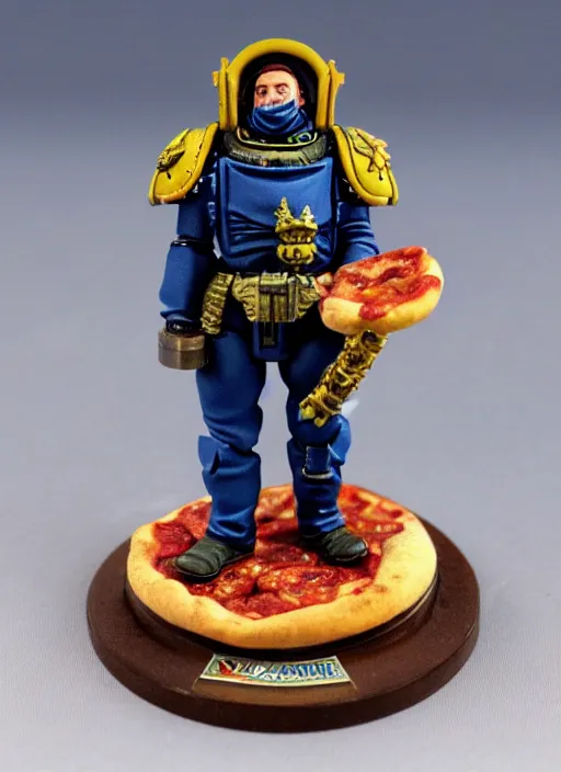 Image similar to 8 0 mm resin detailed miniature of a warhammer 4 0 k space marine pizza delivery man, product introduction photos, 4 k, full body,