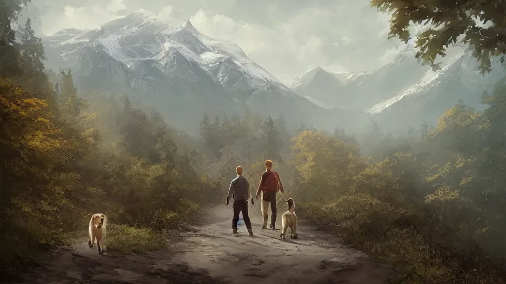 Image similar to “ a couple and a young boy, walk on a trail in forest, with a white color golden retriever, mountains in the background, highly detailed, by charlie bowater, by greg rutkowski ”