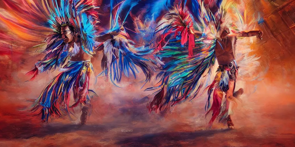 Prompt: of Native American Chief dancing spirit dance by Liam Wong and Boris Vallejo