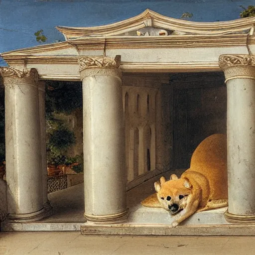 Image similar to a loggia from procida with a sleeping shiba inu by martinus rørbye, 1 8 3 5,