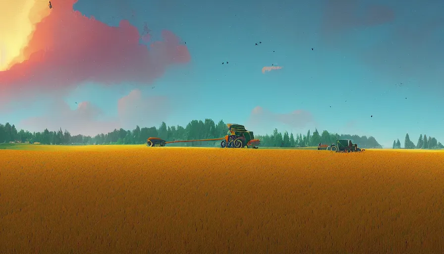 Image similar to colourful sky, wheat field, harvesting machines, big tree, matte painting, art station, digital art, simon stalenhag