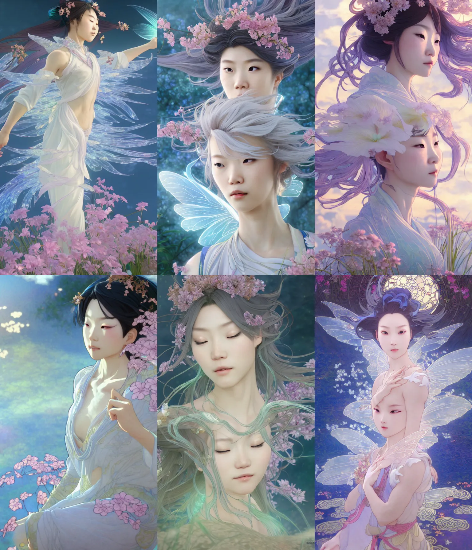 Prompt: misty clouds, chinese taoist fairy godde. crystal liu's face. hyper detailed, character concept, full body, dynamic pose, intricate, lineart, cerpuscular rays, lily flowers. by yoshitaka amano, alfons mucha and makoto shinkai. 8 k