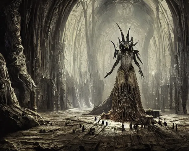 Image similar to king of the wolves - fantasy, inside the king's hall wolves and their treasures, ethereal, ominous, misty, 8 k, by h. r. giger and greg rutkowski