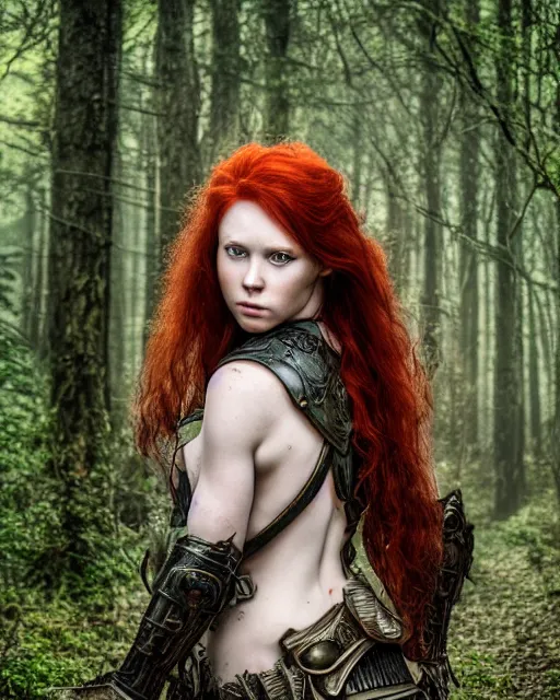 Image similar to 5 5 mm portrait photo of an armored redhead woman warrior, and horns growing from her head, in a magical forest. by luis royo. highly detailed 8 k. intricate. lifelike. soft light. nikon d 8 5 0. cinematic post - processing