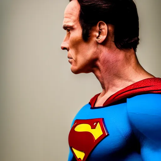 Prompt: a profile shot of Arnold Shvarzenegger as Superman, DC Comics, 8k, hyperrealism, cinematic lighting, Canon EOS R3, f/1.4, ISO 200, 1/160s, 8K, RAW, unedited, symmetrical balance, in-frame