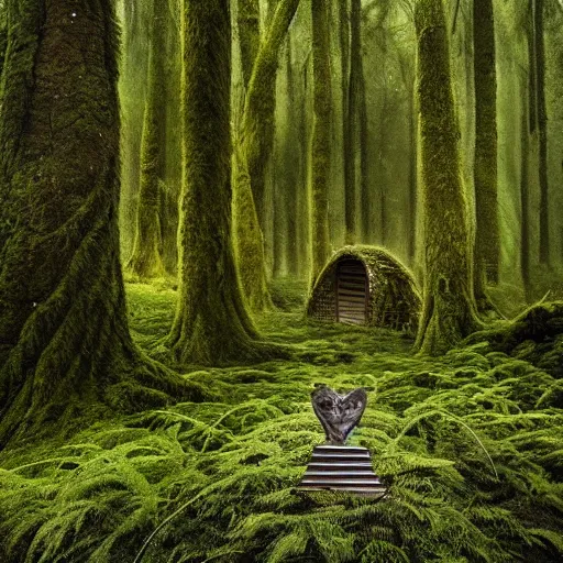 Image similar to A forest full of trees and moss, the scene contains a singular hut with a strange figure standing nearby, Photography, dark, intricate cube, Bleda, Elsa