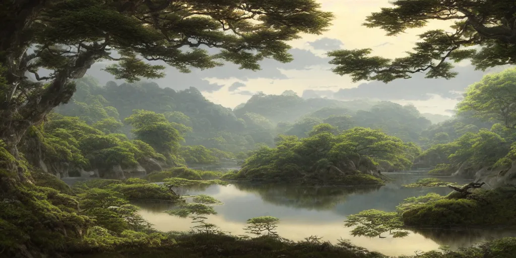 Prompt: an extremely detailed photorealistic matte landscape painting of a scenic Japanese nature reserve during a beautiful evening by John Frederick Kensett, studio Ghibli, trending on Artstation, natural lighting