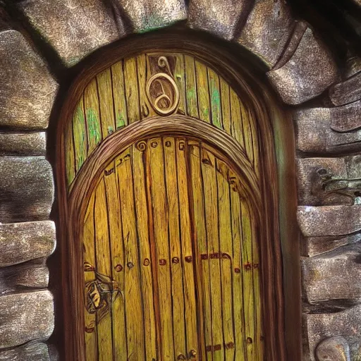 Prompt: Ornate Wooden Door at the entrance of the Elven Dwelling, impressionistic painting