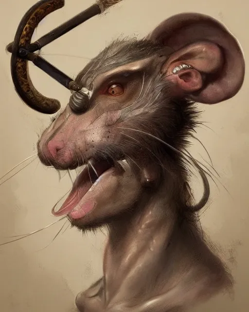 Image similar to baroque portrait of a male were-rat. head of a rat. he is very muscular. he is holding an axe. 4K trending on artstation by peter mohrbacher