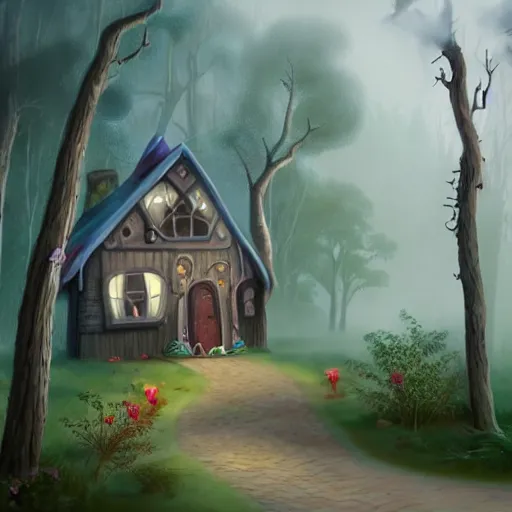 Prompt: witches house in hansel and gretel, gingerbread house, lollipops, candy on the house, twisted tall trees, chimney on a two story house, front porch with overhand, middle of the forest winding road leading to the house, moody, misty, cool tones, pastel colors, ultra realistic details, art style trending on artstation, concept art