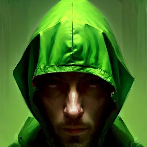 Prompt: portrait of a programmer with green hood by greg rutkowski