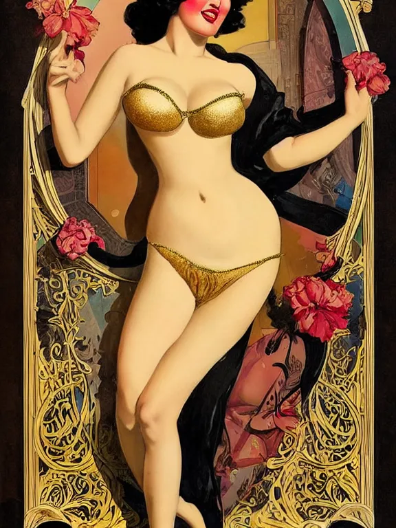 Prompt: sunny leone, a beautiful art nouveau portrait by Gil elvgren and Jim mahfood, 1920s city environment, centered composition, defined features, golden ratio, gold jewlery, photorealistic professional lighting, cinematic