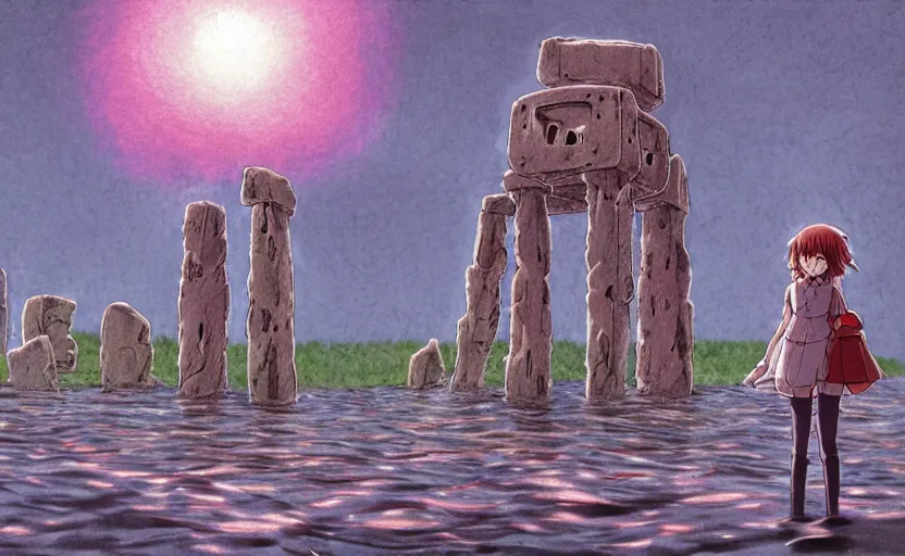 Image similar to a realistic cell - shaded studio ghibli concept art from paprika ( 2 0 0 6 ) of a flying multi - colored octopus from close encounters of the third kind ( 1 9 7 7 ) and a grey long - haired witch in a flooded stonehenge on a misty starry night. very dull colors, wide shot, hd, 4 k, hq