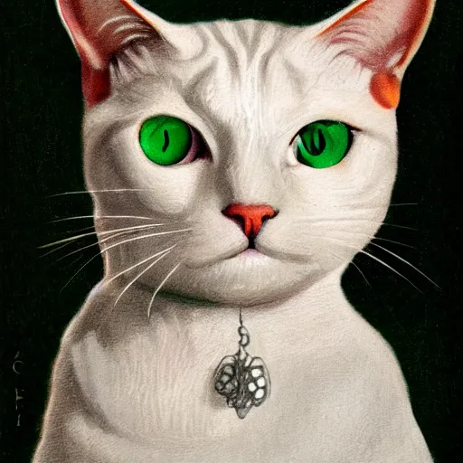 Image similar to a white tabby cat with green eyes with big ears, wearing a monocle, portrait