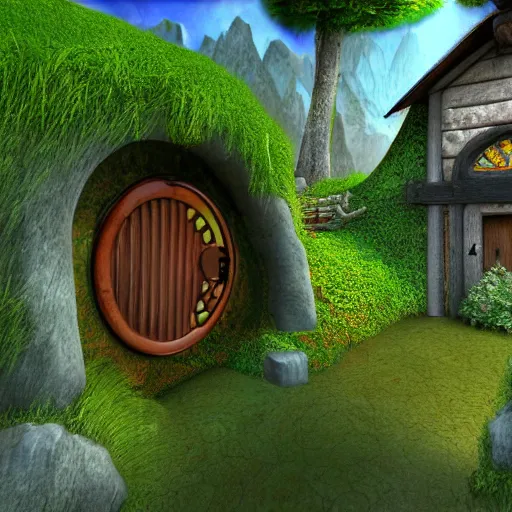 Image similar to hobbit house as a scene from quake 3, digital art